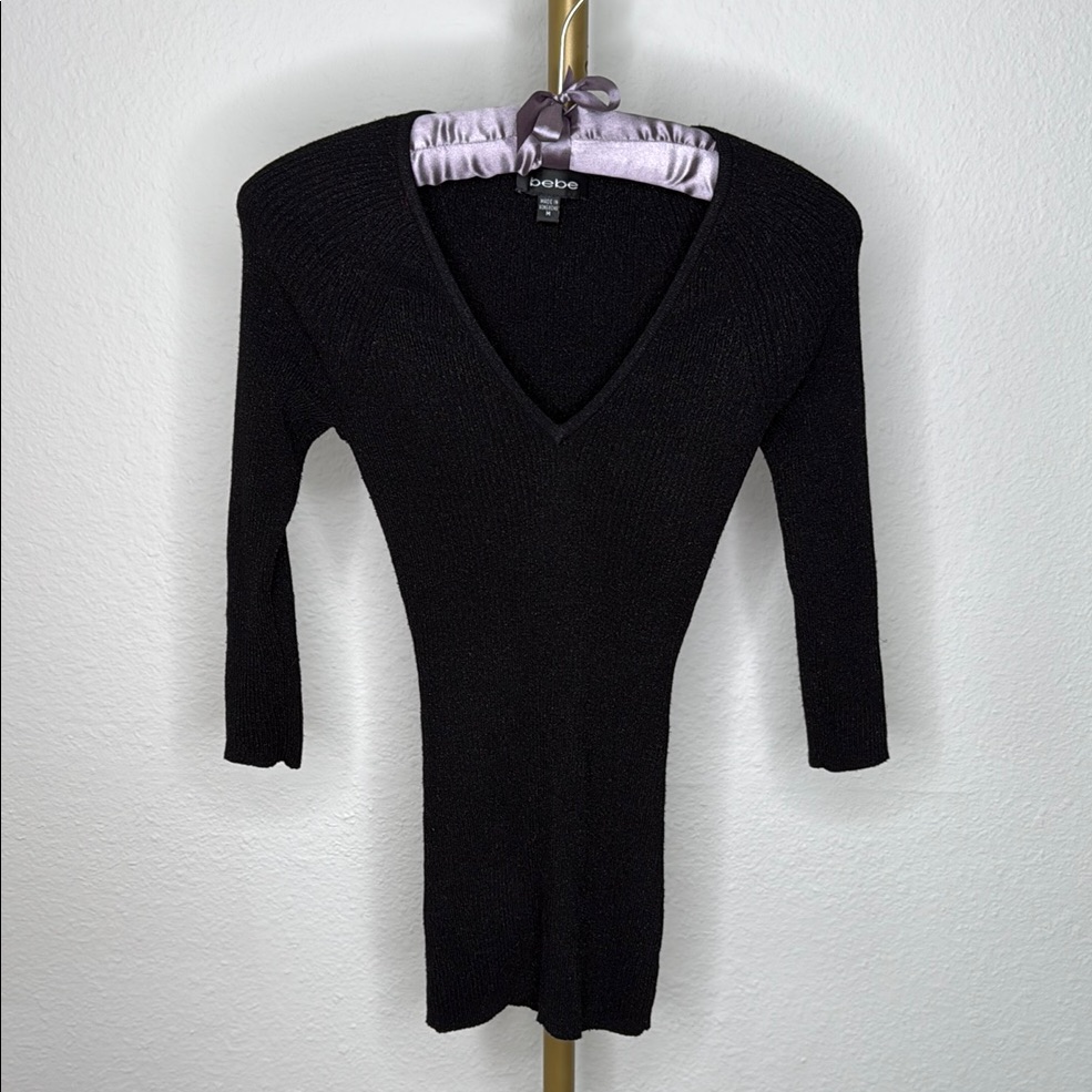 Bebe Black V-Neck Glitter 3/4 Sleeve Understated Elegance Knit Sweater Sz M
